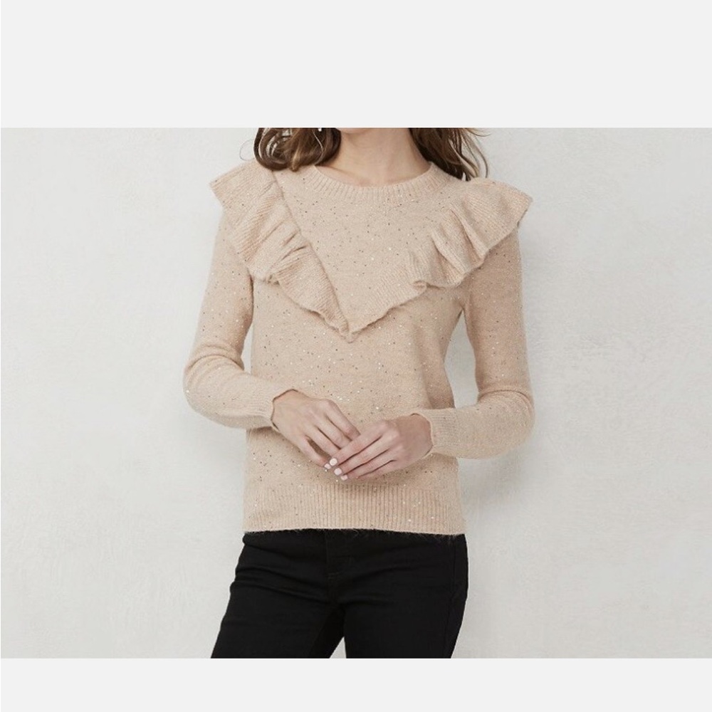 LC Lauren Conrad Sparkle Beige Ruffle Sweater Medium Comfy warm long sleeve